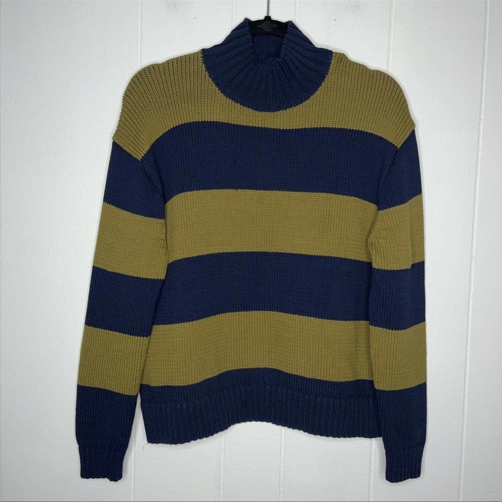 J Crew Mockneck sweater in rugby stripe cotton blend Navy Green 💙💚